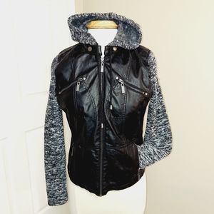 Faux Leather Jacket in black color and size M. Wool hood sleeves .